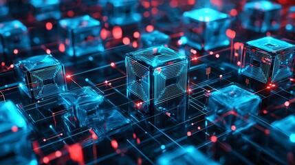 Poster - Glowing Blue Cubes Connected Red Lines Background