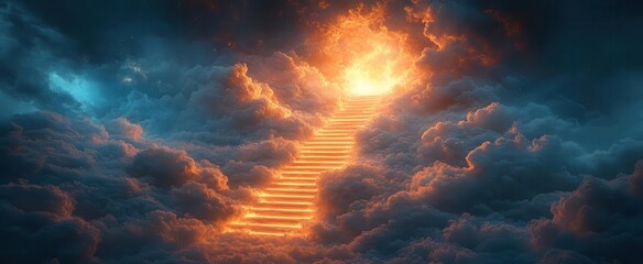 Wall Mural - ethereal stairway to enlightenment luminous floating steps ascending through clouds towards a radiant light source symbolizing spiritual growth and the journey to higher consciousness