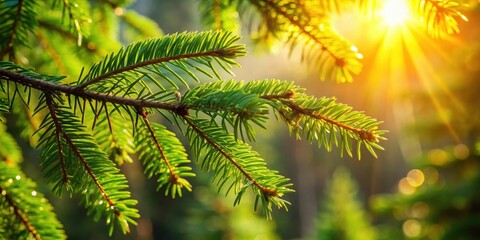 Close-up of spruce branches in a summer forest illuminated by the sun, showcasing nature's beauty and tranquility