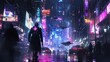 © Aliaksandr Siamko - A cybernetic human in a glowing suit walking through a neon-lit street, surrounded by towering skyscrapers, flying vehicles, and robotic figures lurking in the shadows