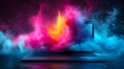 Laptop Screen Exploding with Colorful Smoke and Sparks