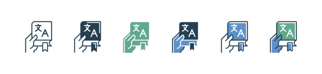 Poster - hand holding language translate book icon set online global international translation dictionary service vector illustration for web and app