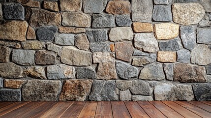 Sticker - Rough stone wall with a rustic wood floor.