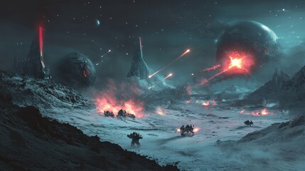 Poster - A futuristic battle on a desolate moon, with glowing energy weapons clashing in the darkness, robotic soldiers advancing, and explosions lighting up the barren landscape