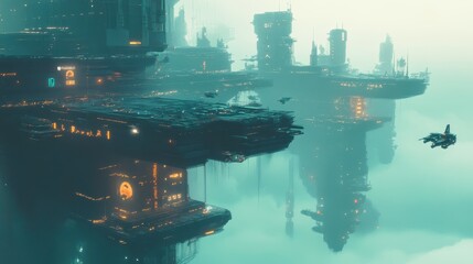 Sticker - A futuristic city on a distant ocean planet, with massive floating platforms, glowing structures, and flying vehicles navigating the mist-covered atmosphere