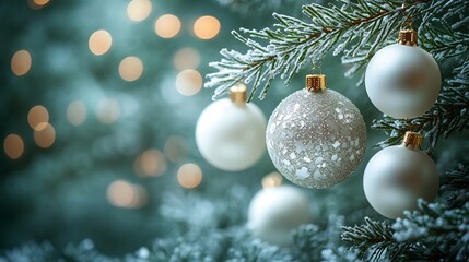 Fototapete - bright beautiful christmas decoration with white ornaments on a green tree branch vibrant holiday th
