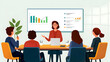 © Emmy Ljs - Businesswoman leading a team meeting in modern office to discuss project plan and present with infographic, illustration style.Corporate meeting concept.