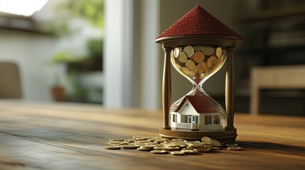 Poster - 3D hourglass filled with coins and a small house, highlighting mortgage