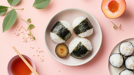 Wall Mural - A plate of sushi rice balls with seaweed, pickled plum, and a side of dipping sauce.