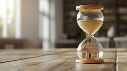 Poster - 3D hourglass with money flowing into a house model, symbolizing time and real estate