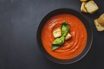 Creamy tasty tomato soup served in bowl on dark background