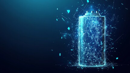 Wall Mural - Polygonal battery. Vector mesh spheres from flying debris. Thin line concept. Blue structure style illustration.