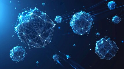 Wall Mural - Polygonal battery. Vector mesh spheres from flying debris. Thin line concept. Blue structure style illustration.