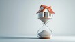 © SETSU NART - A house model inside an hourglass, illustrating time as a factor in mortgages. 3D render, no people, ample copy space