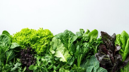 Wall Mural - A variety of leafy greens--lettuce, spinach, and arugula--arranged with space for copy