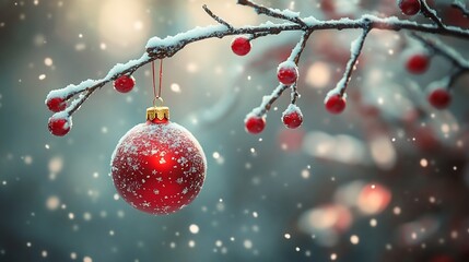 Poster - Bright christmas decoration a colorful ornament hanging from a snowy tree branch festive red and green theme minimal holiday card design winter celebration