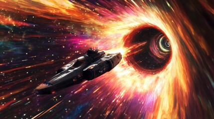 Poster - A futuristic starship speeding through a glowing wormhole, with swirling colors distorting space and time around it and distant stars flickering on the other side