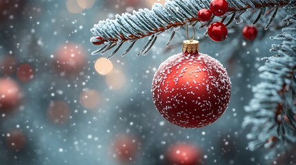Poster - Bright christmas decoration a colorful ornament hanging from a snowy tree branch festive red and green theme minimal holiday card design winter celebration