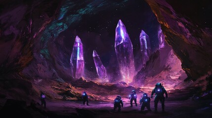 Poster - A group of astronauts in glowing suits exploring the dark caverns of an alien moon, with strange crystals glowing on the walls and distant sounds echoing through the tunnels