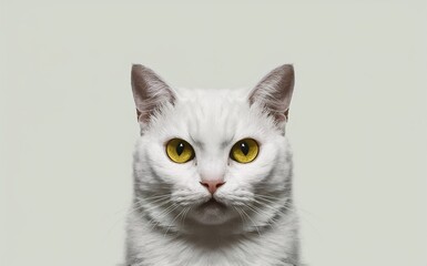 Close-up of a white cat's face with yellow eyes looking at the camera.