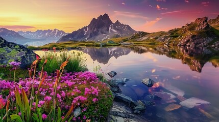 ndscape_stock_photo_Mountain_Sunrise_Flowers_Lake