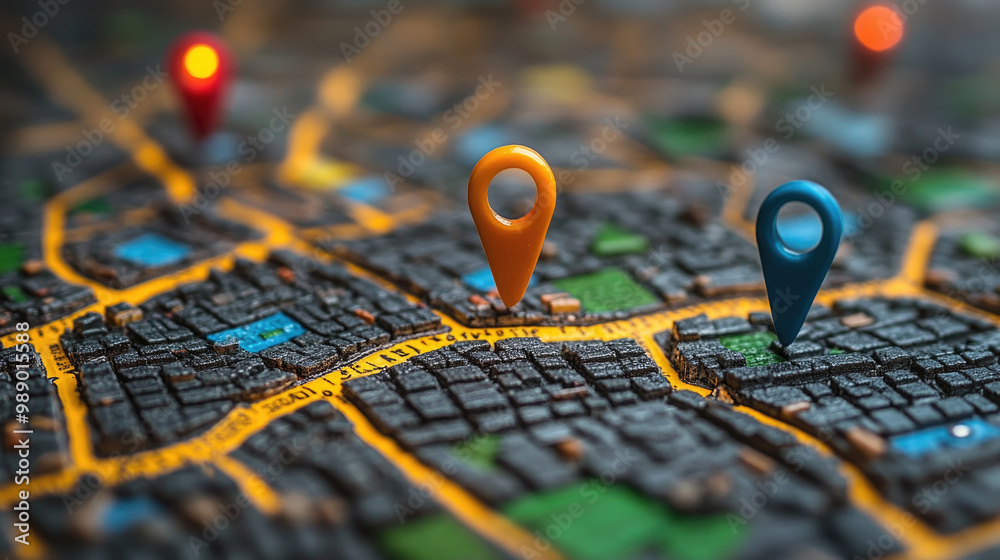 Colorful map pins sit atop a city map, pinpointing various locations ...