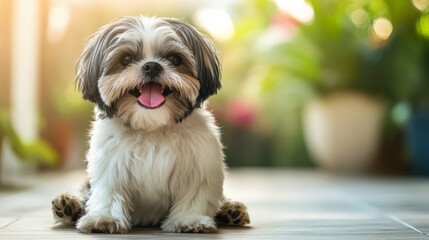 Adorable small dog with fluffy fur sitting on the floor, smiling and looking at the camera in a sunlit room with plants in the background.