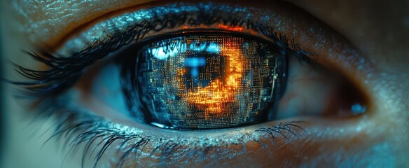 extreme closeup of futuristic robotic eye intricate circuitry visible glowing blue light emanating from iris reflective surface metallic sheen cybernetic detail conveying advanced ai technology