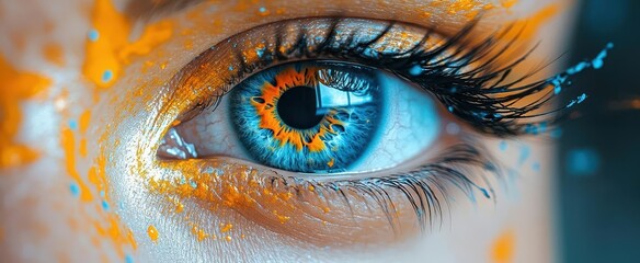 extreme closeup of human eye iris swirling with vibrant paint splatters surreal and artistic contrasting colors emotional intensity