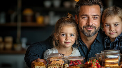 A father and his two young children smile together in a cozy kitchen filled with delicious homemade snacks and treats displayed on the table