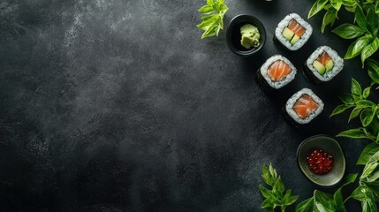 Wall Mural - Freshly prepared sushi with wasabi and ginger on a dark slate background, with room for copy