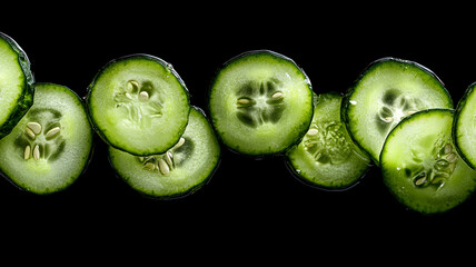 Freshly sliced cucumber rounds with vibrant green skin and juicy texture, arranged against a black background showcasing crispness and hydration in close-up detail