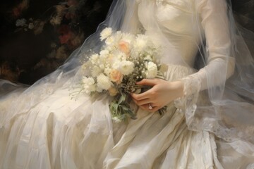 Poster - Bride hand and flower bouquet fashion wedding dress.