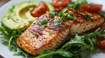 Wall Mural - Low-carb meal with grilled fish, avocado, and leafy greens. No people, room for text