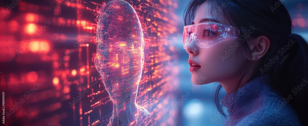 female data scientist in futuristic lab interacting with holographic ai ...