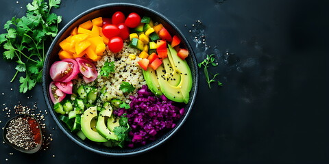 A colorful vegan salad bowl with fresh vegetables, quinoa, and avocado slices, banner with copy space