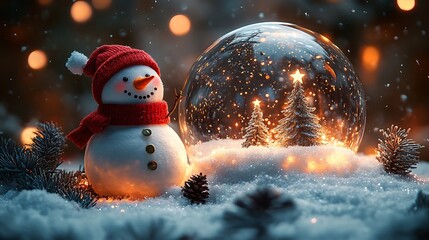 Fototapete - christmas greeting card featuring snow globe with a snowman inside surrounded by snowflakes and pine