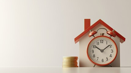 Poster - Time and money concept for mortgages with a 3D clock and house icon, isolated with copy space. No people