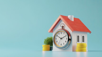 Poster - Time and money concept for mortgages with a 3D clock and house icon, isolated with copy space. No people