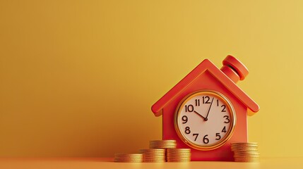 Poster - Time and money concept for mortgages with a 3D clock and house icon, isolated with copy space. No people