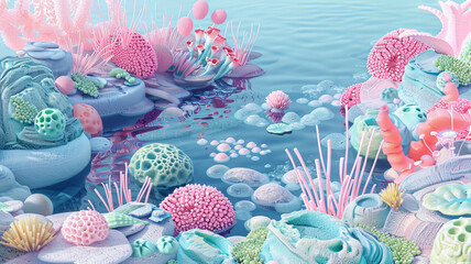 A vibrant underwater scene showcases microscopic world of pond, filled with pastel colored corals, aquatic plants, and various textures. serene atmosphere invites exploration and wonder