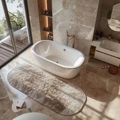 Wall Mural - A modern bathroom featuring sleek white bathtub, elegant marble tiles, and plush floor mat. serene atmosphere invites relaxation and tranquility