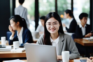 Poster - Working woman laptop computer smiling.