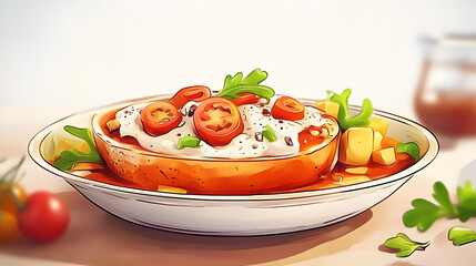 Wall Mural - Illustration of Delicious Food on a Plate, Yummy Food Concept