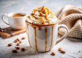 Cozy mug holds warm caramel macchiato, topped with velvety whipped cream and sticky caramel, set against clean white surroundings.
