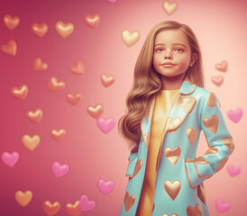 A portrait of a modern, beautiful young girl standing and posing in a vibrant Valentine's Day outfit, featuring a colorful coat adorned with heart prints.