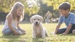 © arhendrix - Two children playing with a Labrador puppy in a sunny park, capturing the joy and innocence of childhood and friendship.