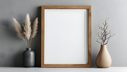 Elegant wooden photo frame on white-gray background, minimalistic design enhancing modern interior decor with AI generative touch