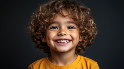 a cheerful young boy with curly hair showcases a bright smile, embodying joy and innocence in a cozy
