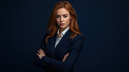 Poster - A professional businesswoman dressed in a formal suit, standing confidently in front of a navy background, symbolizing leadership and professionalism.